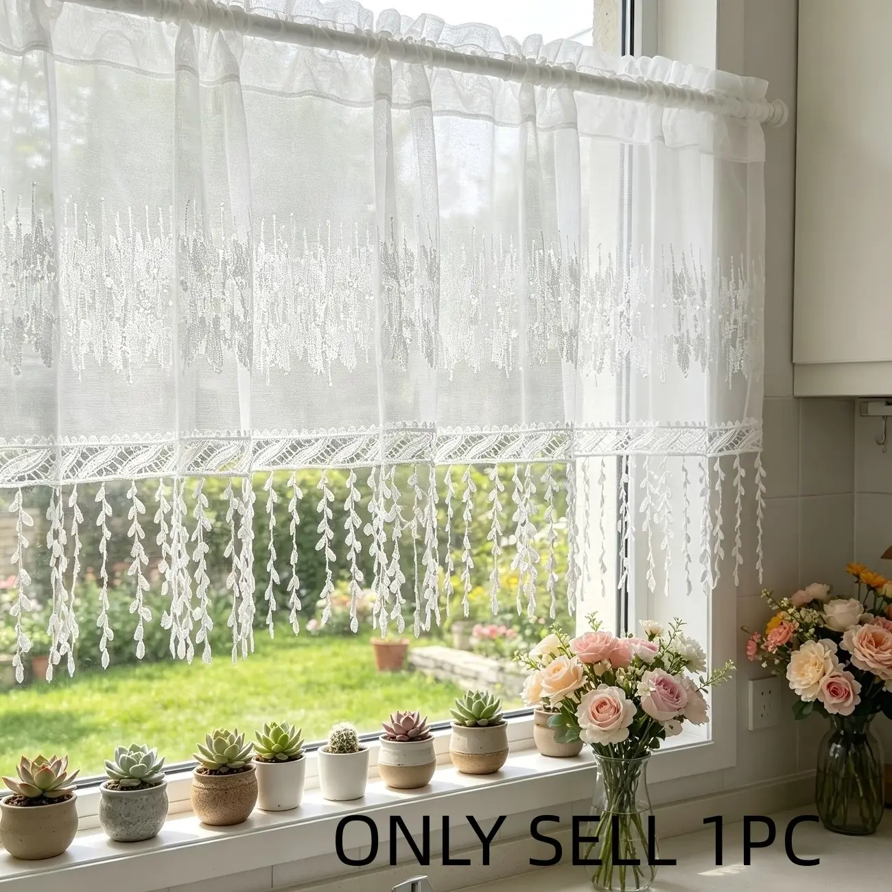 1pc Luxury Beaded Sequin Sheer Curtain Panel, Rod Top Half Curtain for Kitchen, Restaurant, Cafe, Privacy Windows, Easy Care, Curtains Kitchen