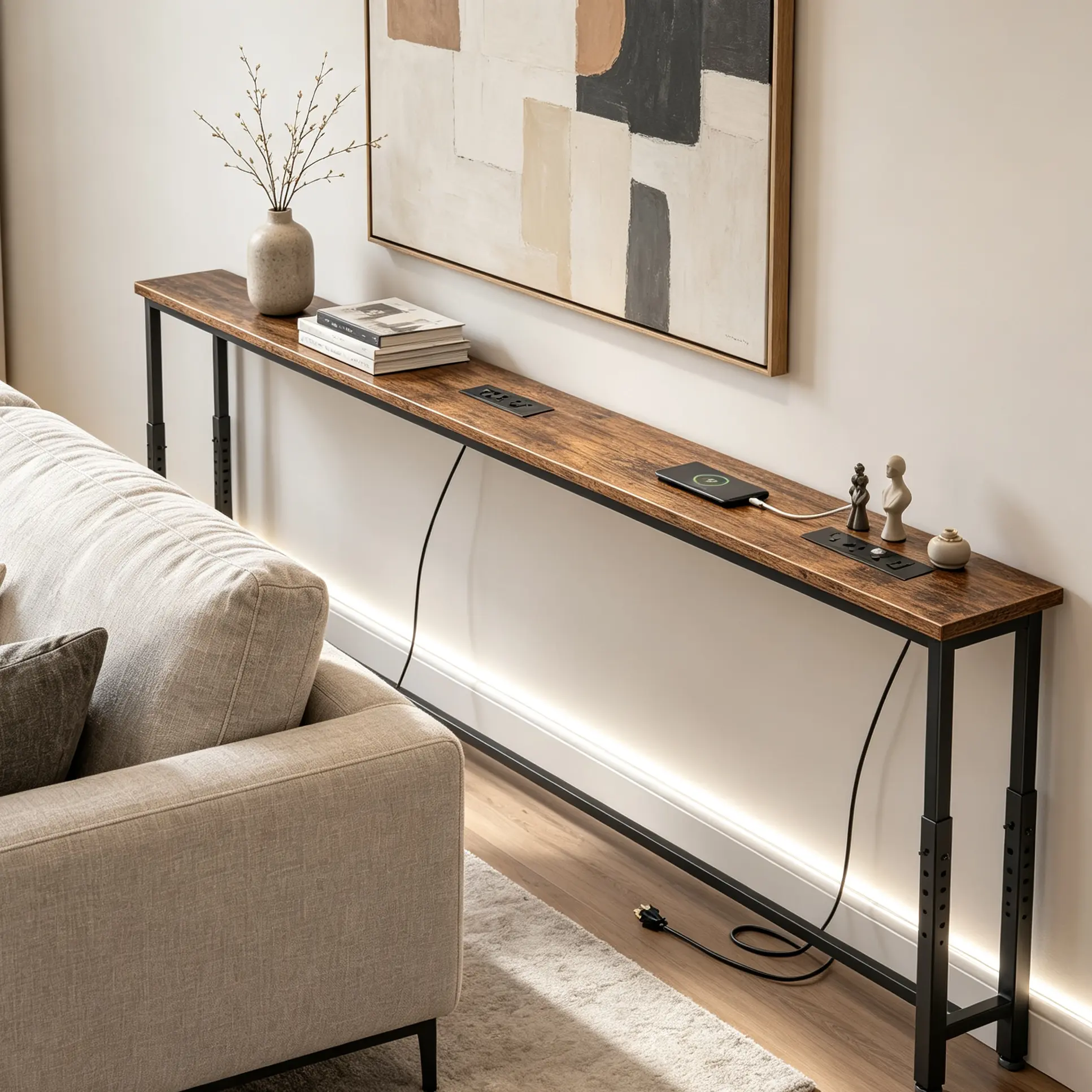 Narrow Sofa Table with 2 Power Outlets,26-34in Height Adjustable,Behind the Couch Table with USB-C Port, Long Entryway Console Table, Anti-tip Kit, for Living Room, Rustic Brown