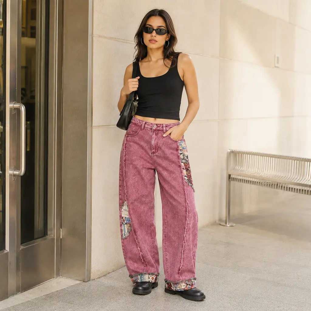 Women's Soft Denim Blend Retro Cuffed Baggy Wide Leg Jeans - Vintage Washed Blush Pink, Ethnic Boho Printed Tapestry Patchwork, Frayed Raw Edge, Pockets, Y2K Streetwear Casual Bottoms for Students