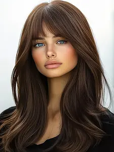 Deep Medium-Length Synthetic Wig with Bangs, Fashion Casual Style, Natural Look for Beginners, All Seasons Wear, Unisex, Synthetic Hair Wigs