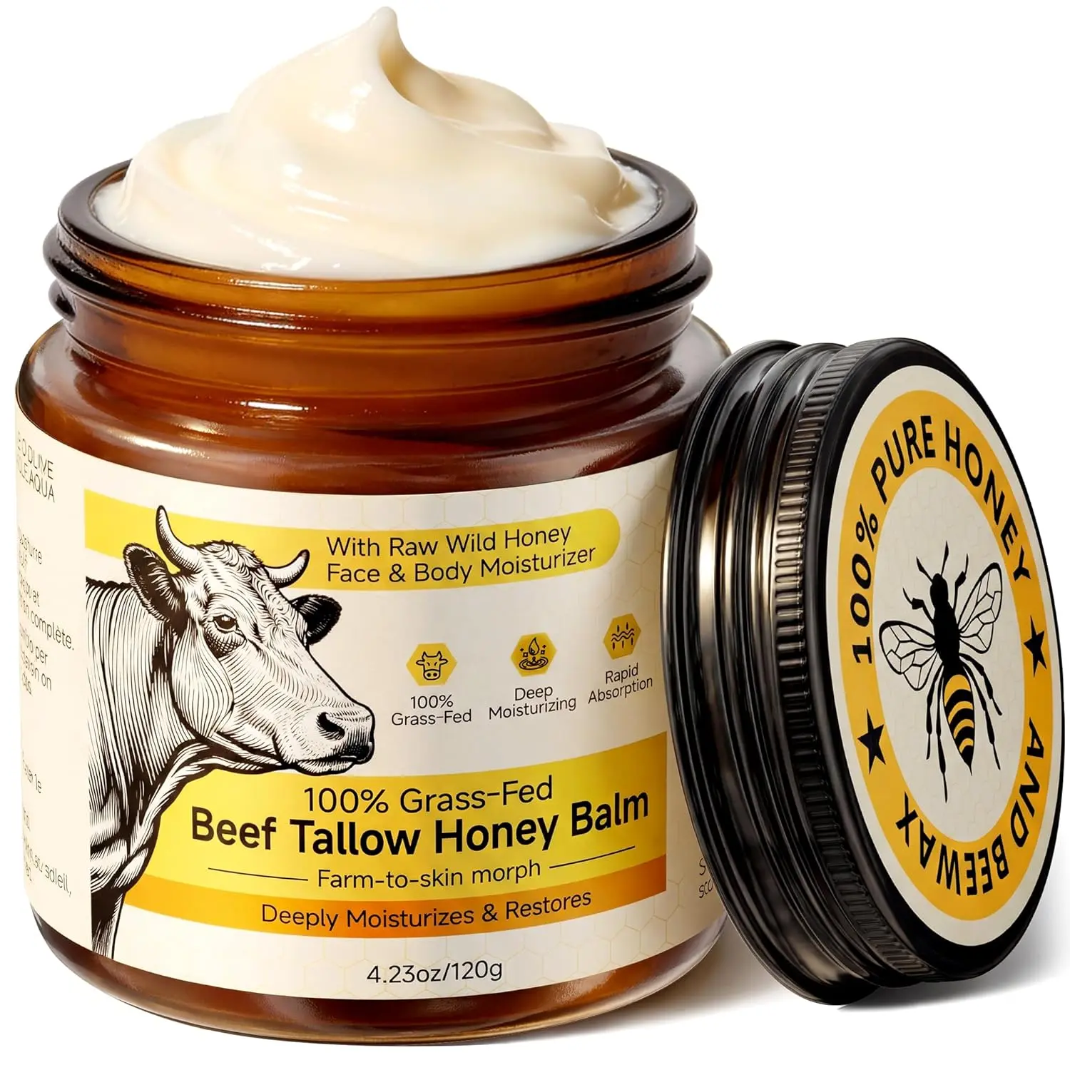 Beef Tallow for Skin & Face, Whipped Tallow and Honey Balm Cream, 100% Grass-Fed Beef Tallow Face Moisturizer with Raw Honey, All Natural Organic Body Lotion Skincare for Women & Men, Unscented 4.2 OZ