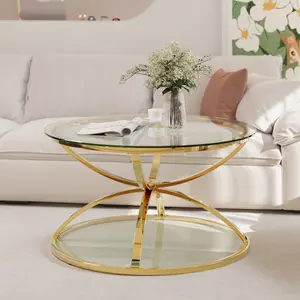 31.50'' Modern Round Glass Coffee Table - 2-Tier, Ring-Shaped Metal Frame, Clear Tempered Glass - for Living Room, Office