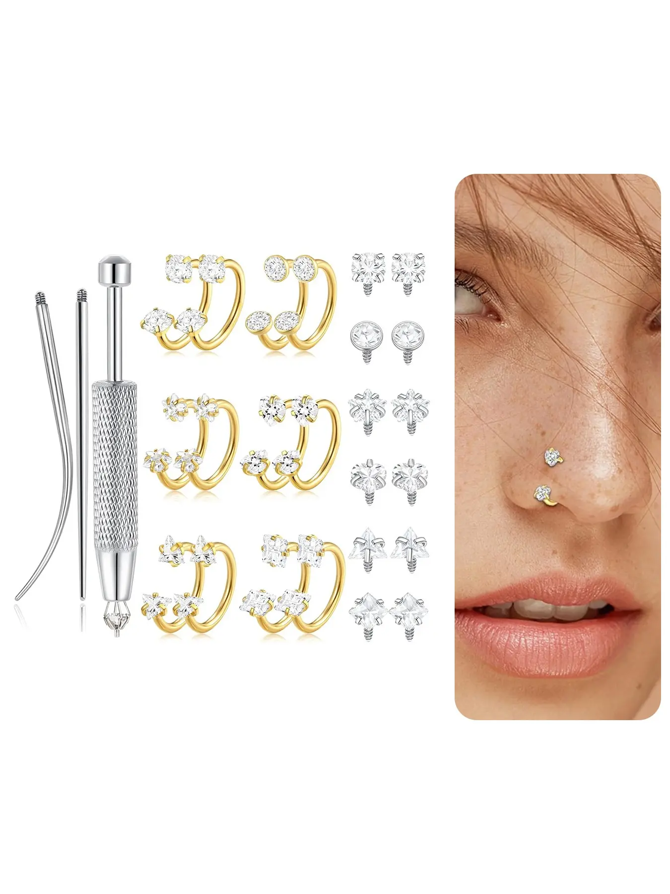 Horseshoe Nose Rings Nose Hoops Triple Nose Stud Nose Piercing Kit for Women Half Hoop Earring CZ Horseshoe Daith Tragus Helix Earring Septum Labret Lip Piercing Jewelry 18G 8mm Gold Plated