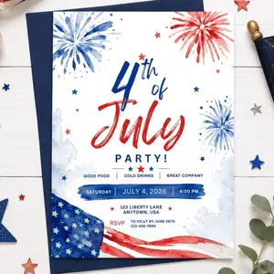 Watercolor Fireworks Invitation, 4th of July Party Invite, Canva Editable Template, 5x7, PPD516