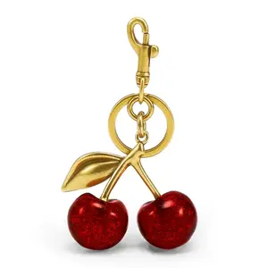 Women's Cherry Keychain / Bag Charm — A substantial 58g resin handbag pendant featuring a 4.7-inch vintage gold design (Note: Colors may vary slightly depending on lighting conditions).
