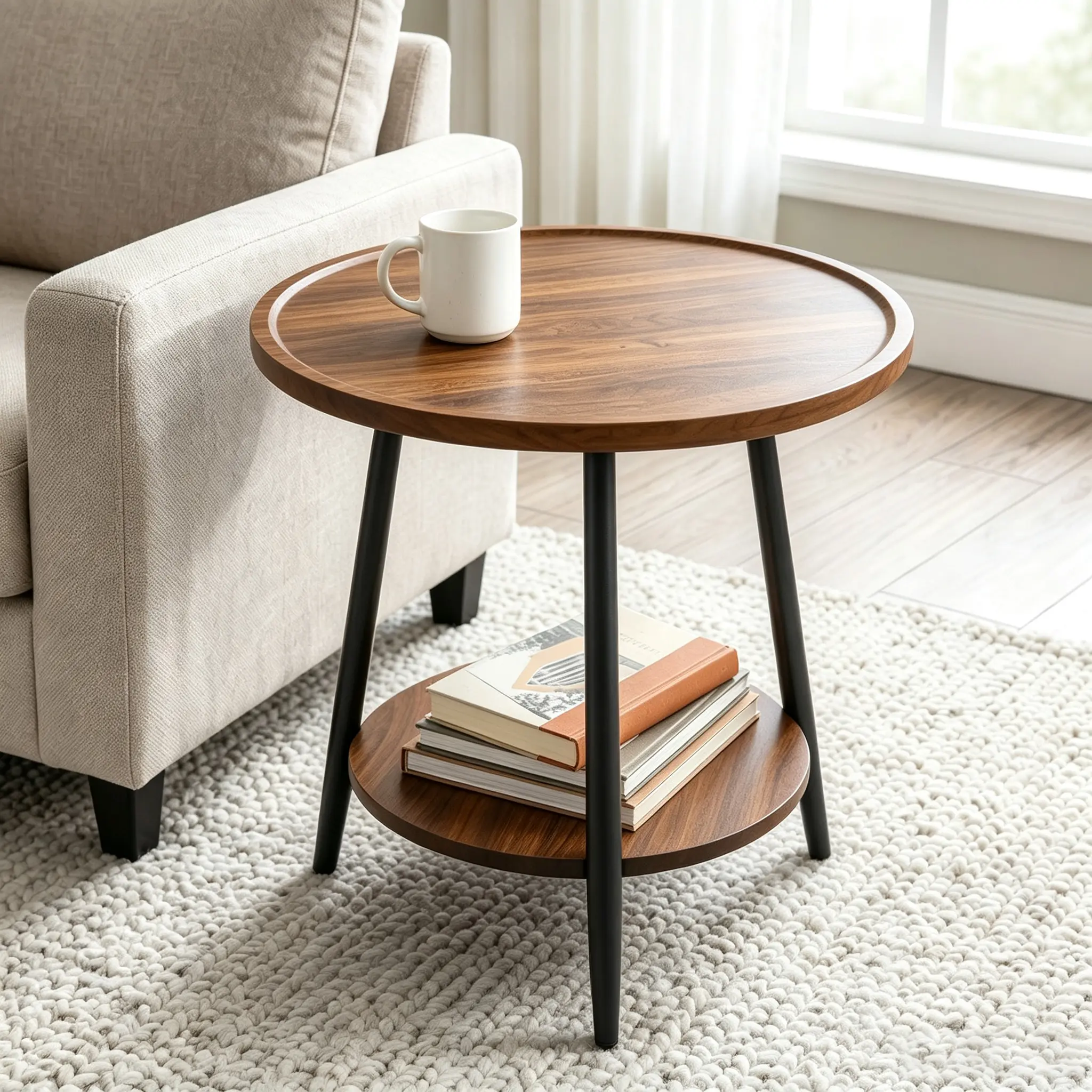 Modern 2-Tier Round Side Table with Metal Frame & Walnut Engineered Wood Accent - Walnut Warmth Versatile End Table Nightstand for Living Room, Bedroom, Modern Side Table