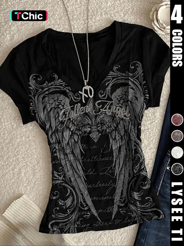 26 Valentine's Day wing print retro y2k trendy fashion women's V-neck short sleeved T-shirt