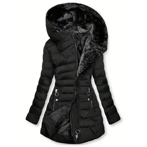 Zippered Hooded Down Jacket, Casual Long Sleeve Pocket Faux Fur Lined Warm Winter Jacket, Women's Womenswear Belt used with raincoat