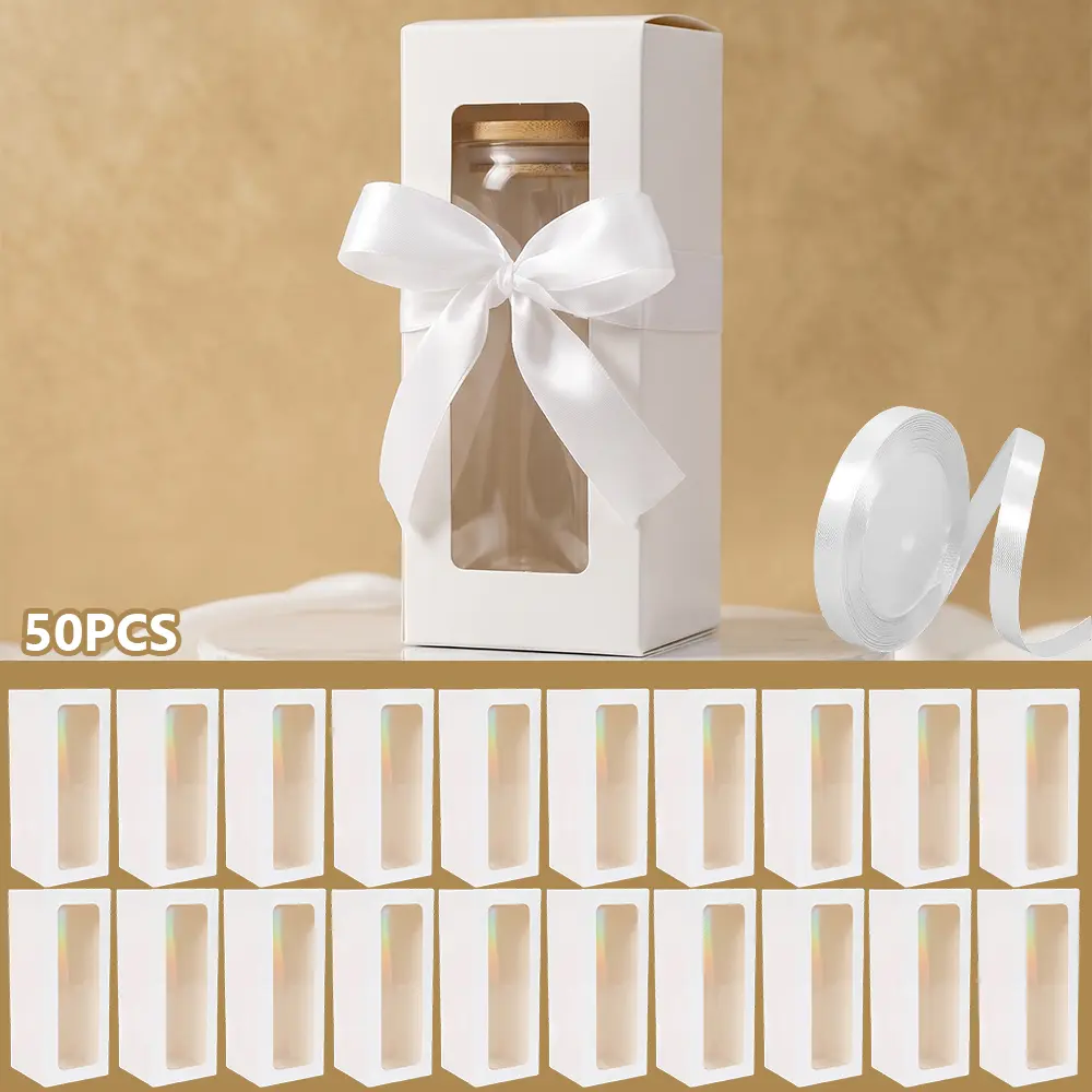 50-Piece White Gift Boxes with Transparent Window - 1-Piece Ribbon Boxed Kit, Specialty Trim & Embellishments for DIY Handmade Projects, Party, Glass Cups, 1 Piece Of Ribbon