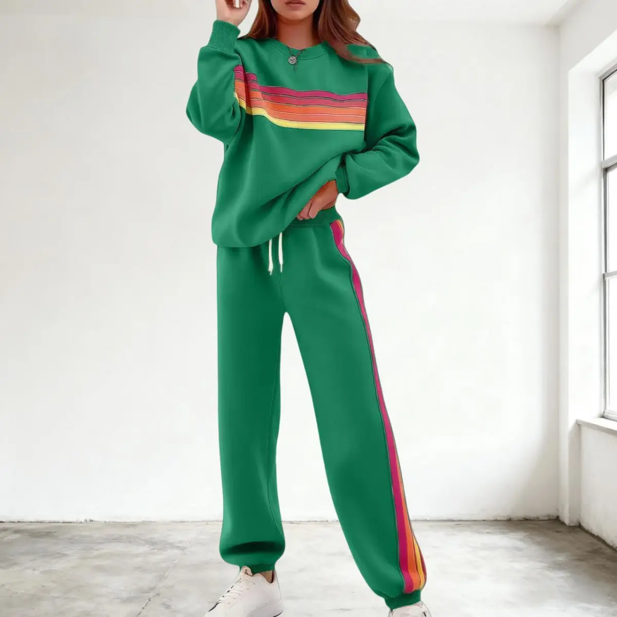 Comfy Crewneck Sweatshirt Set | Colorful Stripe Pants | Daily Casual Set with Colorful Pants | Oversized Crewneck Set | Stylish Baggy Pants |