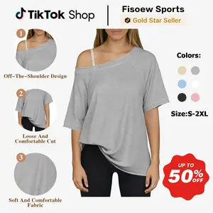 Fisoew Sports  2026 Summer Spring Women's Off-Shoulder Crop Top, Loose Fit, Summer Sports T-shirt, suitable for home wear, travel,