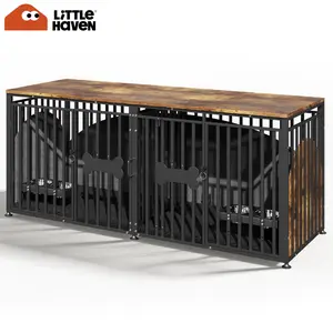 LITTLE HAVEN Heavy Duty Double Dog Crate TV Stand - Indestructible Wooden Indoor Pet House for Large Dogs with Calming Felt & Feeding Station