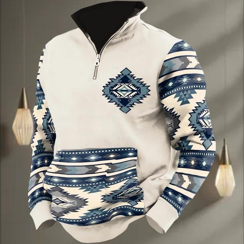 Aztec Western Hoodie for Men - Vintage Bull Head Print Long Sleeve Cowboy Sweatshirt with 1/4 Zip Stand Collar Pullover Country Style Warm Jacket