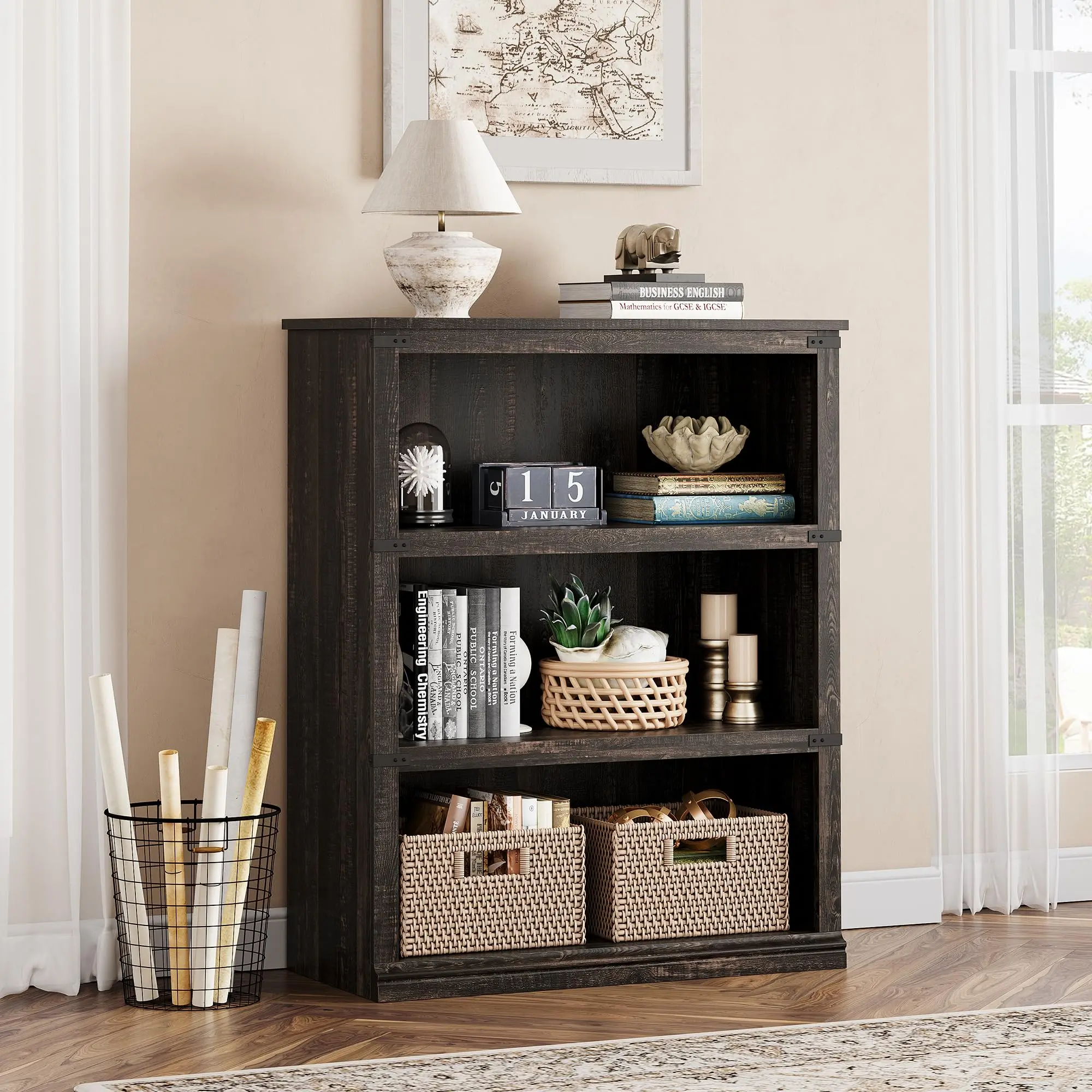 Dark Oak Wood 3-Tier Durable Bookcase - Sturdy Traditional Farmhouse Open Display Shelf, 40in Tall High-Density MDF Space Saving Furniture Unit for Living Room, Bedroom Study Setup Home Library (Assembly Required), Country Rustic