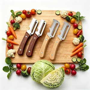 4-Pcs Stainless Steel Multifunctional Peeler | Vegetable And Fruit Peeler, Kitchen Multifunctional Scallion And Shred Cutting Tool, Wooden Handle Bottle Opener, Fruit And Vegetable Cutting 2-In-1 Easy to Use, Made of 420 Stainless Steel Material