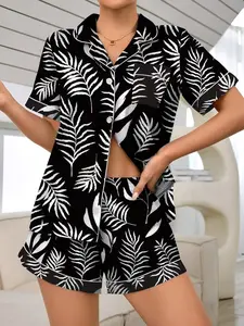 Women's Palm Tree Print Short Sleeve Pajama, Casual Comfy PJ Set for Women, Women's Sleepwear for Summer, Loungewear, Womenswear