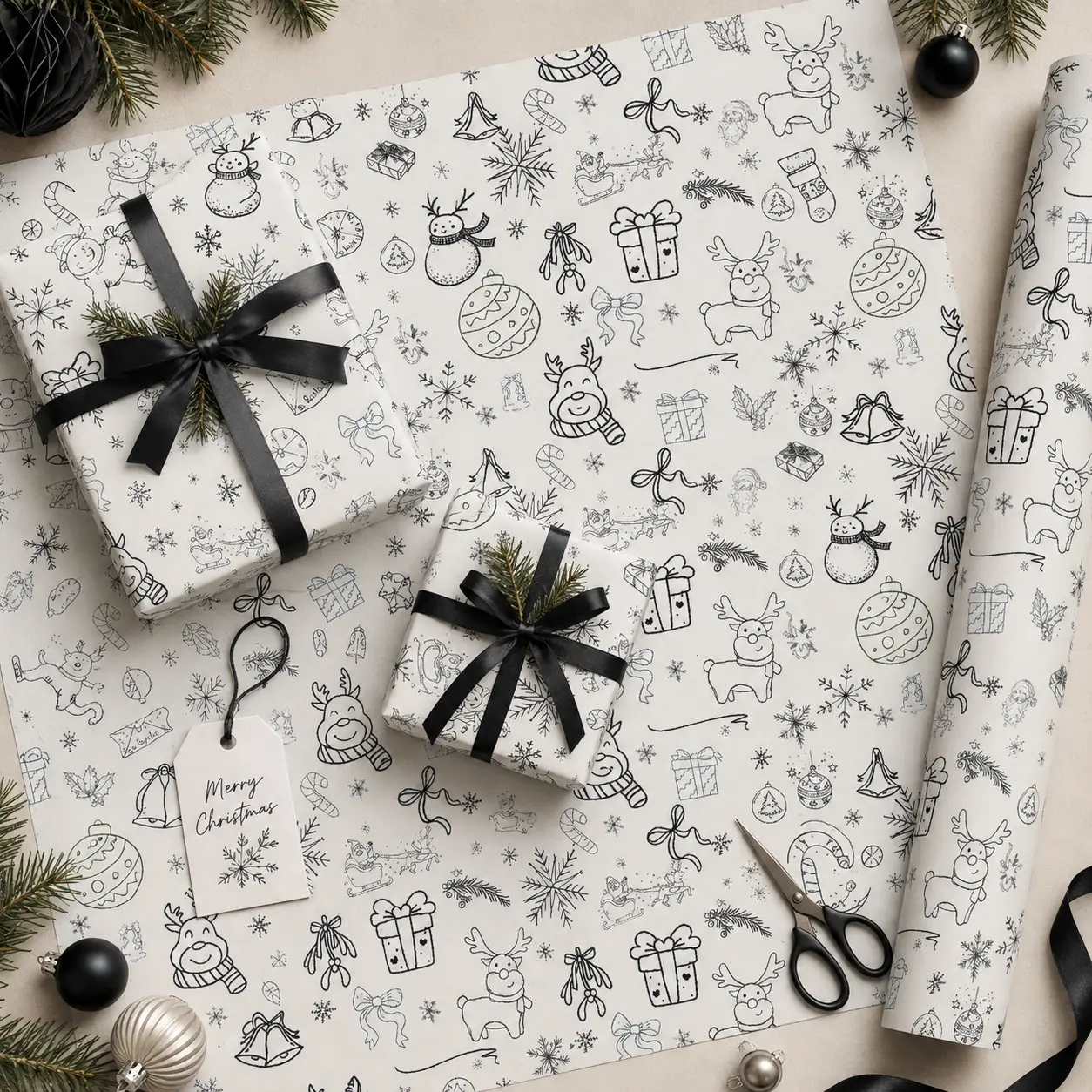 Cute Black White Christmas Doodle Outline Gift Wrapping Paper Sheet - Cute Reindeer Snowman Wrap for Kids Birthday Xmas Secret Santa New Year Party