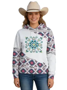 Women's Aztec Geometric Print Hoodie, Bohemian Mandala Floral Patchwork, Drawstring Kangaroo Pocket Hooded Sweatshirt, Casual Loose Fit Ethnic Tribal Pullover Top for Daily Wear