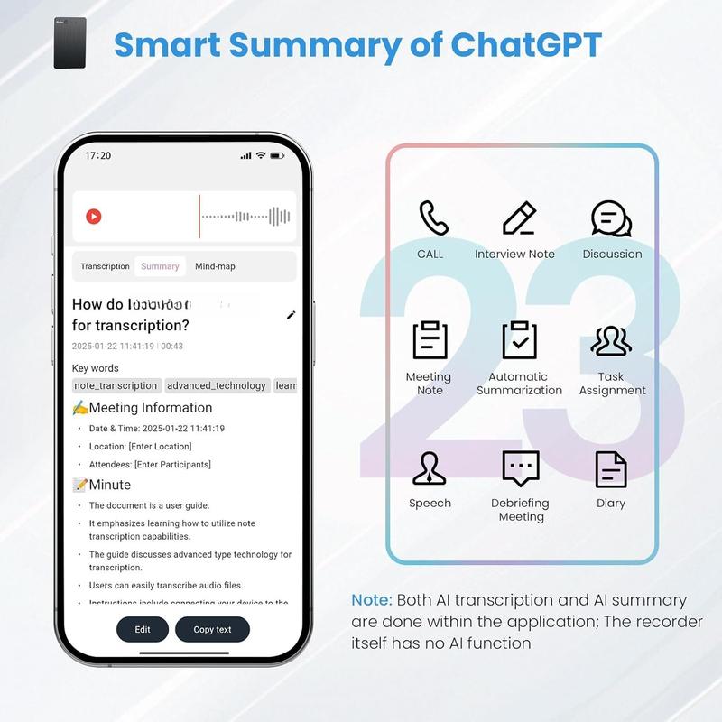 AI Voice Recorder, Transcribe & Summary Voice Recorder with Playback, Digital Voice Recorder Supporting Real-Time Translation in 59 Languages, Audio Recorder for Lectures, Meetings, 64GB Memory