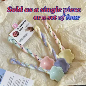 Cute Long Ceramic Spoon Set, Candy Color Glazed Cartoon Dessert Spoons, Irregular Handle Design, Fresh Dining Utensils, Ice Cream Yogurt Scoops, Dinnerware Utensils
