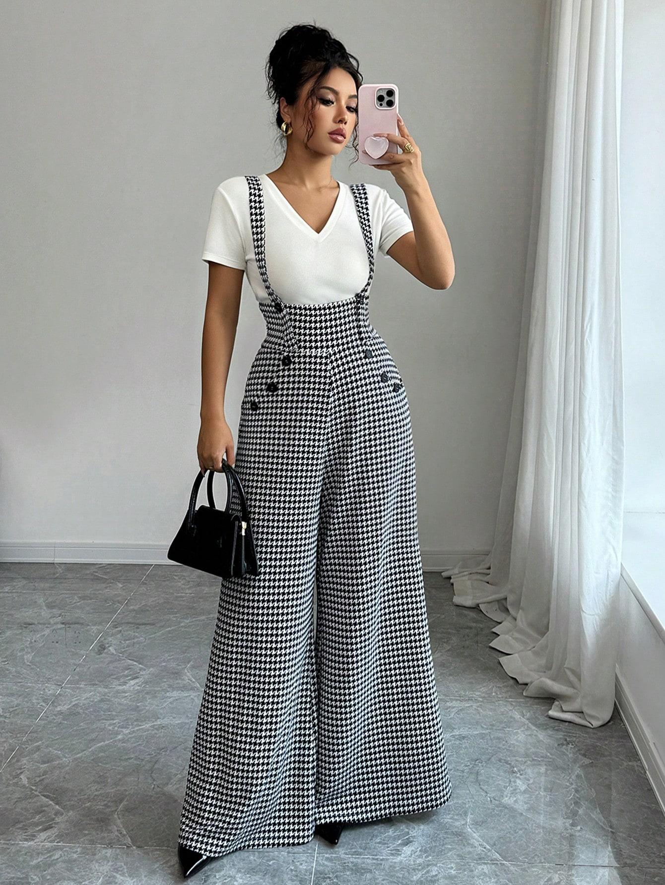 ASANDY Women's Houndstooth Print Wide Leg Overalls Button Detail High Waist Suspender Jumpsuit Casual Elegant Silhouette Versatile Style Perfect For Office Daily Brunch & Streetwear Looks
