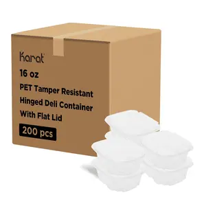 [200 pcs] Karat 16oz PET Plastic Tamper Resistant Hinged Deli Container with Lid