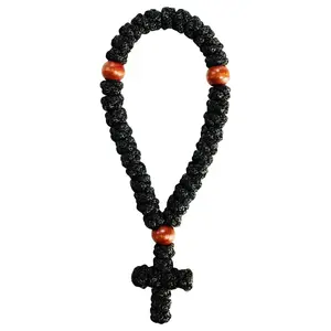 1Pc Handmade Christian 33 Knot Orthodox Greek Omboskoini Prayer Rope Protection Blessing Cross Charm Tassel Car Hanging Charm (Black)