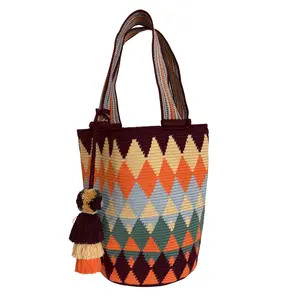 Handmade Wayuu Mochilón Tote – Geometric Earth Tone Crochet Shoulder Bag