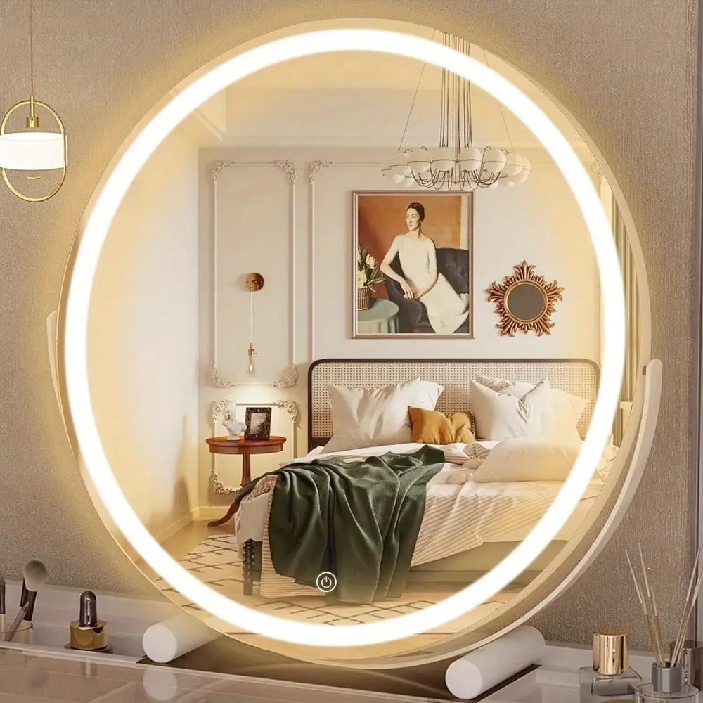 New Hasipu Vanity Mirror with Lights 18" LED Lighted Smart Touch Control 3 Colors Dimmable Round Mirror 360°Rotation White Aluminium Decor