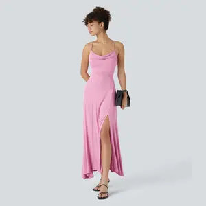 Halara Ribbed Cowl Neck Backless Crisscross Lace Up Split Midi Party Dress