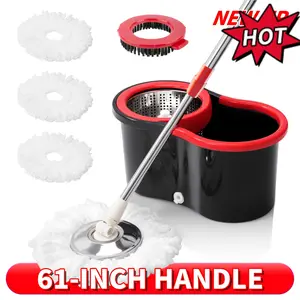Spin Mop and Bucket with Wringer System 360° Rotation Includes 3 Microfiber Mop Heads 61 Inch Adjustable Stainless Steel Handle for Bathroom Hardwood Floor Cleaning