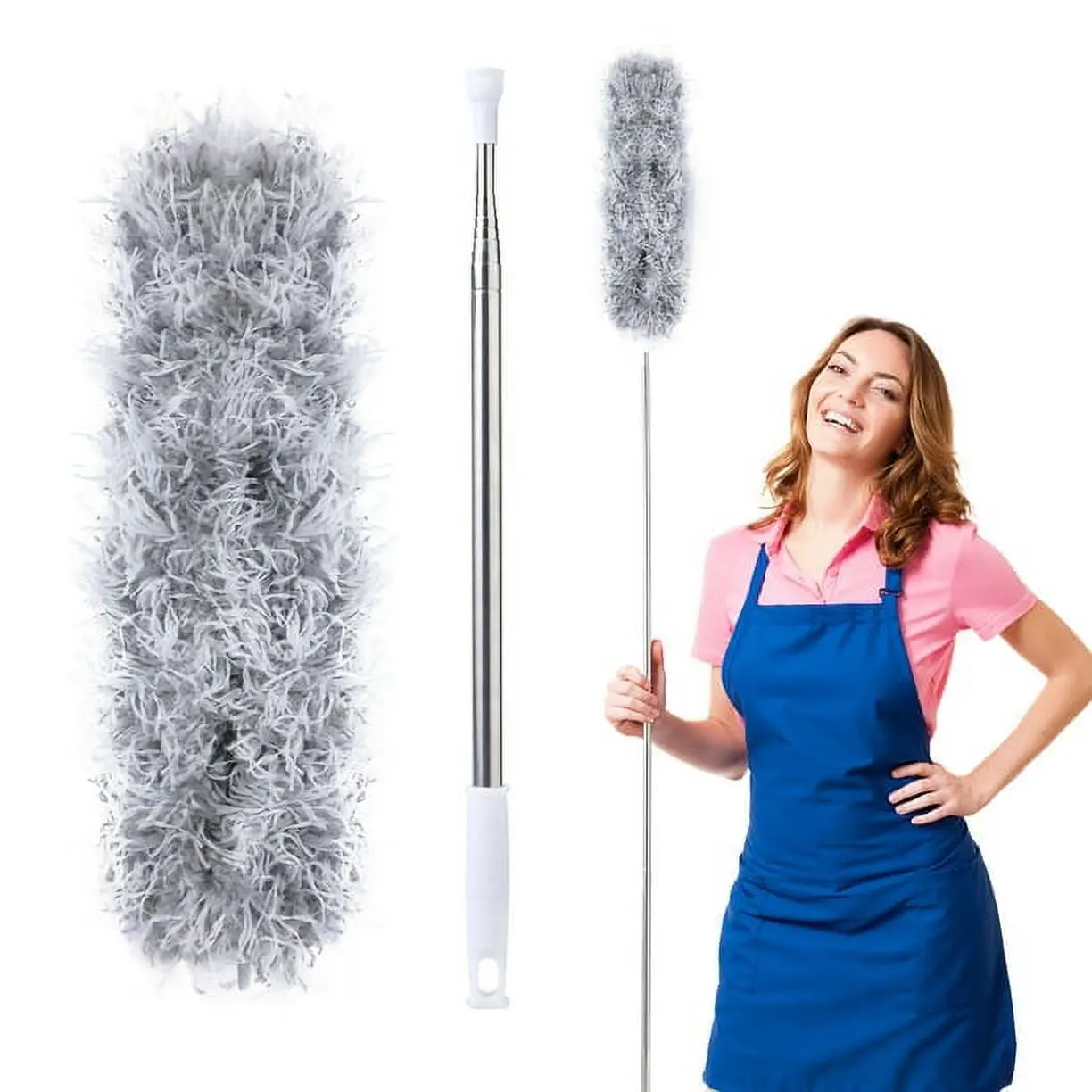 Long Handle Microfiber Duster with Bendable Head and Extension Pole for Ceiling Fans, High Ceilings, Blinds, Furniture, Cars – Gray