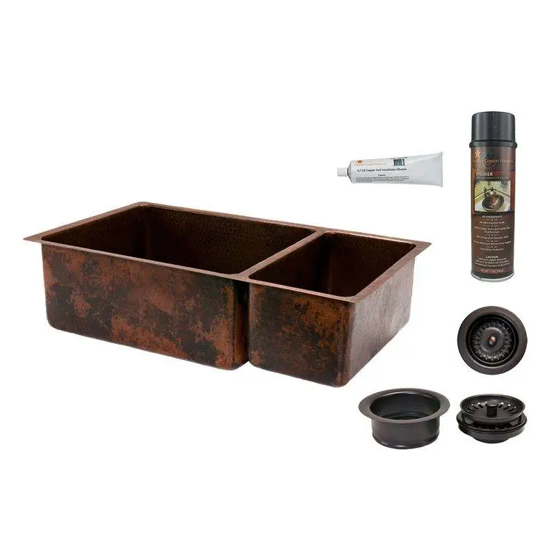 33" Hammered Copper Kitchen 75/25 Double Basin Sink with Matching Drains