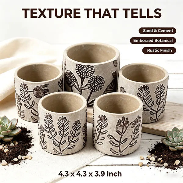 4-Piece Gray Sand & Cement Planters (4.3 in) with Brown Botanical Motifs - Rustic Succulent Pots for Indoor Farmhouse Living Room Entryway Decor (Garden Supplies, Home Improvement)