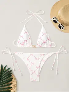 Two-Piece Set Women's All Over Bow Print Bikini Set, Casual Halter Neck Tie Back Triangle Swim Bra & Tie Side Swim Panty, Two-piece Swimsuit for Beach Holiday Vacation, Triangle Bikini Sets