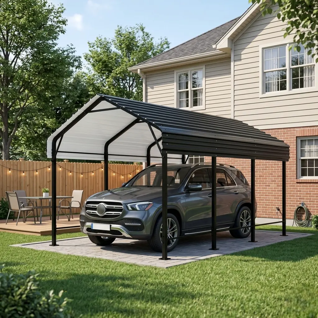 Walsunny Carport, 20 FT Heavy Duty Steel Carport Canopy for Outdoor Activities and Events, Iron Metal Carport Garage for Pickup, Boat, Car and Tractors, Grey