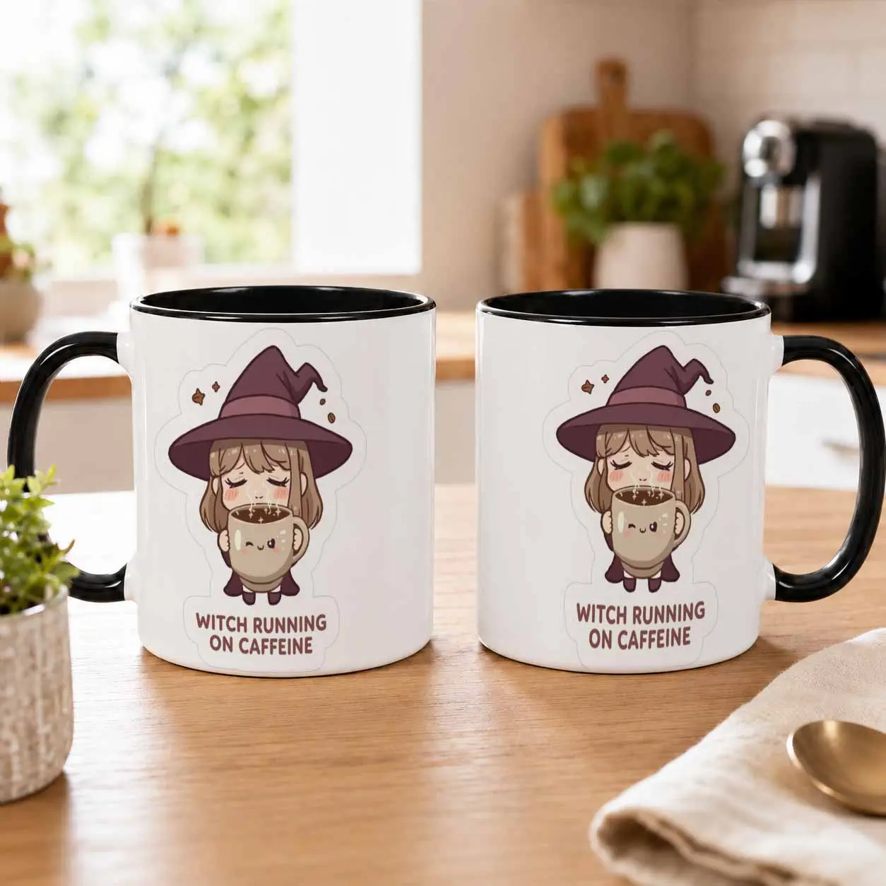 Witch Running On Caffeine Ceramic Coffee Mug (11oz/15oz) - Cute Wizard Girl & Steaming Beverage Print, Dishwasher Washable, Heat Resistant, Ergonomic Handle, Cup for Morning Espresso, Halloween Office Gift