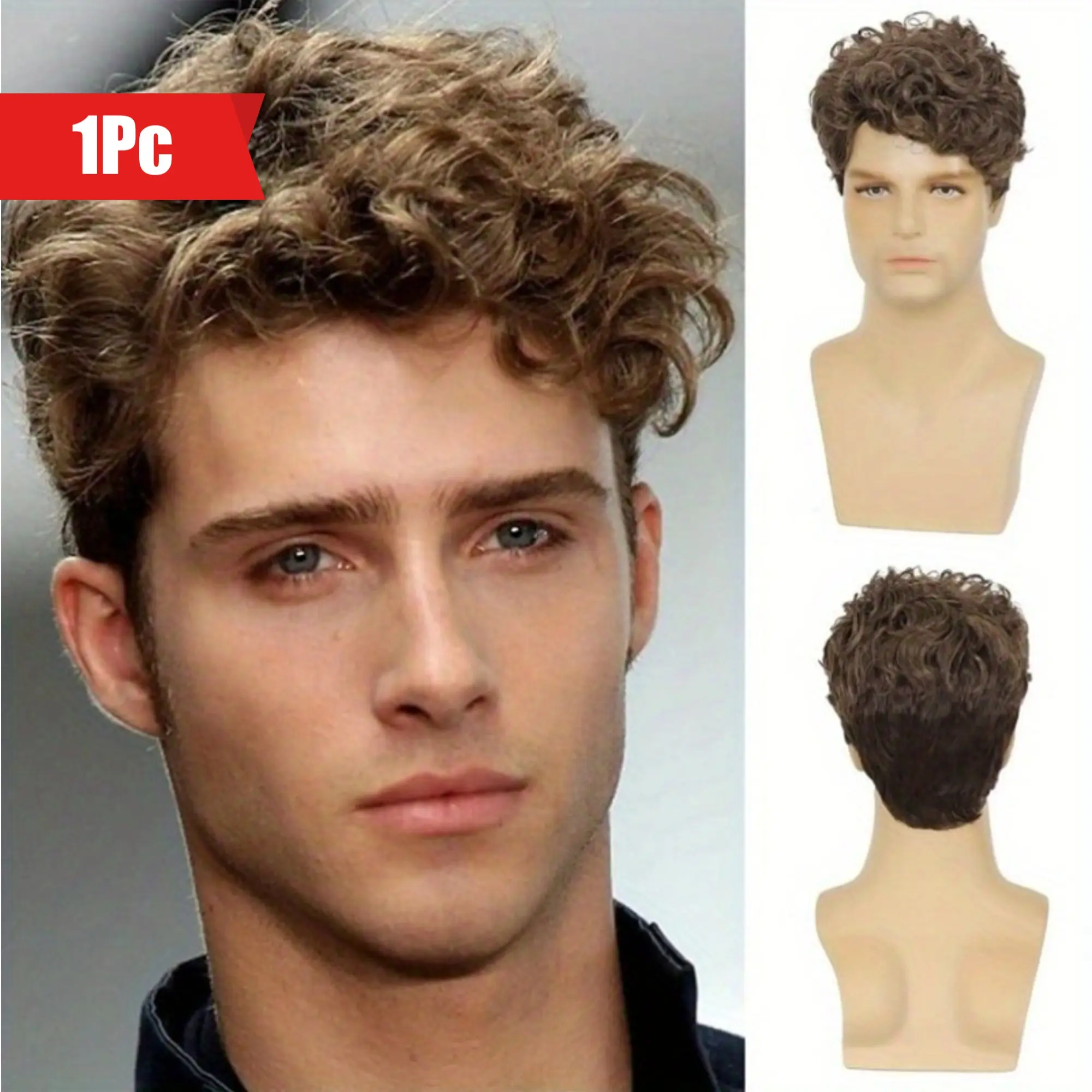 [Cool Ste Synthetic Hairpiece] 1pc Cool Ste Men'S Short Curly Brown Wig - Fluffy Voluminous Synthetic Hairpiece, Easy to Maintain, Comfortable Fit for Daily Wear & Parties