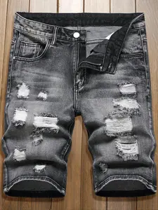 Men's Regular Fit Solid Color Distressed Ripped Denim Shorts, Casual Comfy Fashion Shorts for Daily Wear, Men's Bottoms for Summer, Ripped Pocket Jeans, Ripped Design Shorts, Casual Fashionable Shorts, Frayed Ripped Shorts