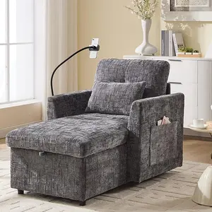 Multifunctional Chaise Lounge Chair Indoor with Storage, Comfy Chenille Upholstered Lazy Sleeper Sofa with Phone Holder and Side Pockets for Living Room