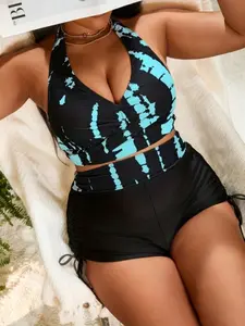 Women's Plus Size Two-Piece Sexy Fashion Backless Blue Print Bikini Set, Cute Style, Adjustable Straps, Summer Swimwear