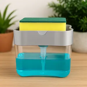 Soap Dispenser Sponge Holder Kitchen Sink Organizer Liquid Dishwashing Soap Dispenser 13oz Silver with Adjustable Caddy for Sponges and Scrubbers Space-Saving Countertop Soap Pump Refillable Detergent Dispenser