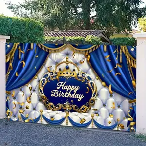 1PC, 2D Flat, Royal blue and gold birthday curtain decoration, 70.8x43.3inch polyester banner background fabric, indoor and outdoor photography, outdoor festivals and theme events, no electricity required