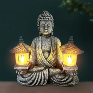 Solar Buddha Statue with LED Lanterns | Outdoor Garden Decor for Patio/Backyard Zen Vibe
