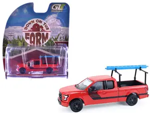 2015 Ford F-150 Pickup Truck with Ladder Rack Red with Black Stripes "Down on the Farm" Series 1/64 Diecast Model by Greenlight