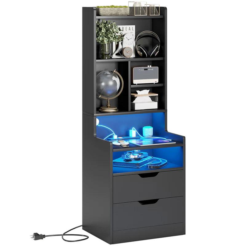[Spring Sale] Sikaic Tall Night Stand with Charging Station and LED Lights, Nightstand with Bookshelf, Bedside Table wit