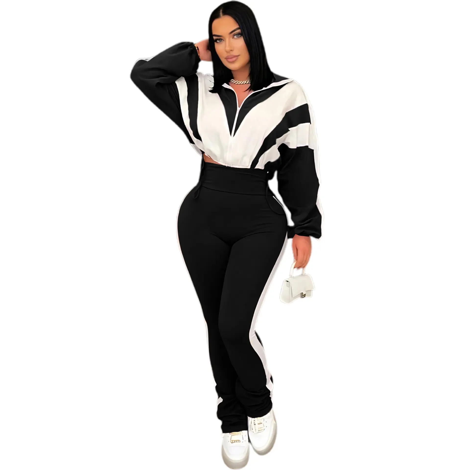 Acelyn Outfits Womens Sweatsuits 2 Piece Set Contrast Color Long Sleeve Zip Up Cropped Jacket Leggings Pants Jogger Track Suits