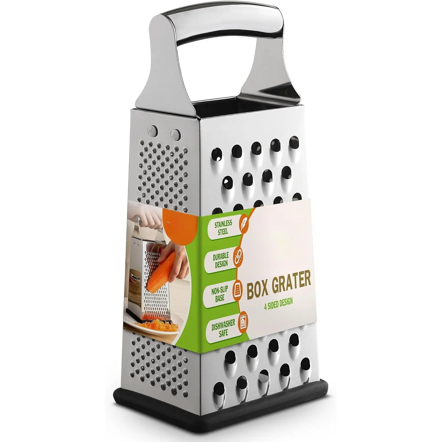 Chef Professional Large Parmesan Cheese Grater, Stainless Steel Metal Box Grater with Handle, 4 Sided Handheld Kitchen Food Shredder for Cheese, Carrot, Veggie, Ginger, Potato - Dishwasher Safe Fruit Slicer