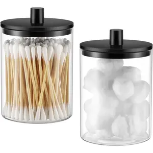 Glass Qtip Holder Dispenser - 10 oz Clear Canister Apothecary Jar, Bathroom Vanity Storage Organizer Set for Cotton Swabs, Pads, Floss Picks, Small Contain