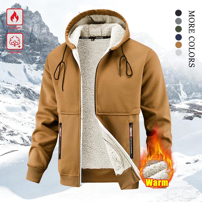 Men's Winter Fleece Hoodie – Thick, warm jacket with an adjustable drawstring hood, ribbed cuffs, and zippered front; perfect for outdoor hikes, jogging, fishing, gym workouts, or casual wear; fleece lining provides wind protection